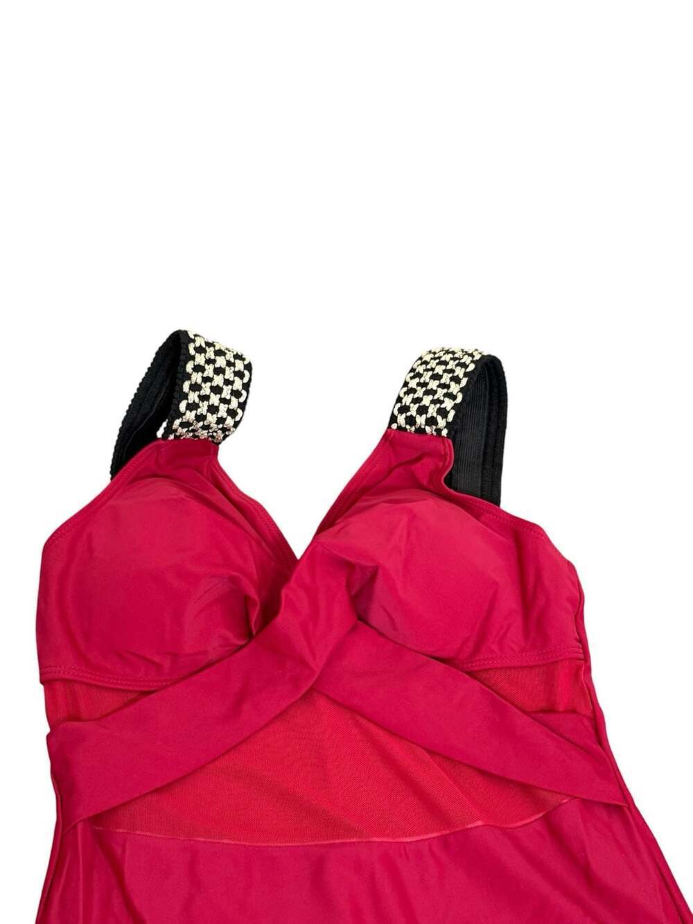 Red One-Piece Swimsuit with Mesh Detail and Patterned Straps Size M